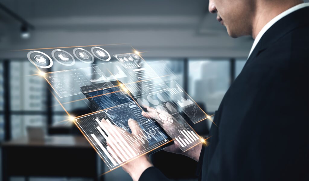 Data Analysis for Business and Finance Concept. Graphic interface showing future computer technology of profit analytic, online marketing research and information report for digital business strategy.